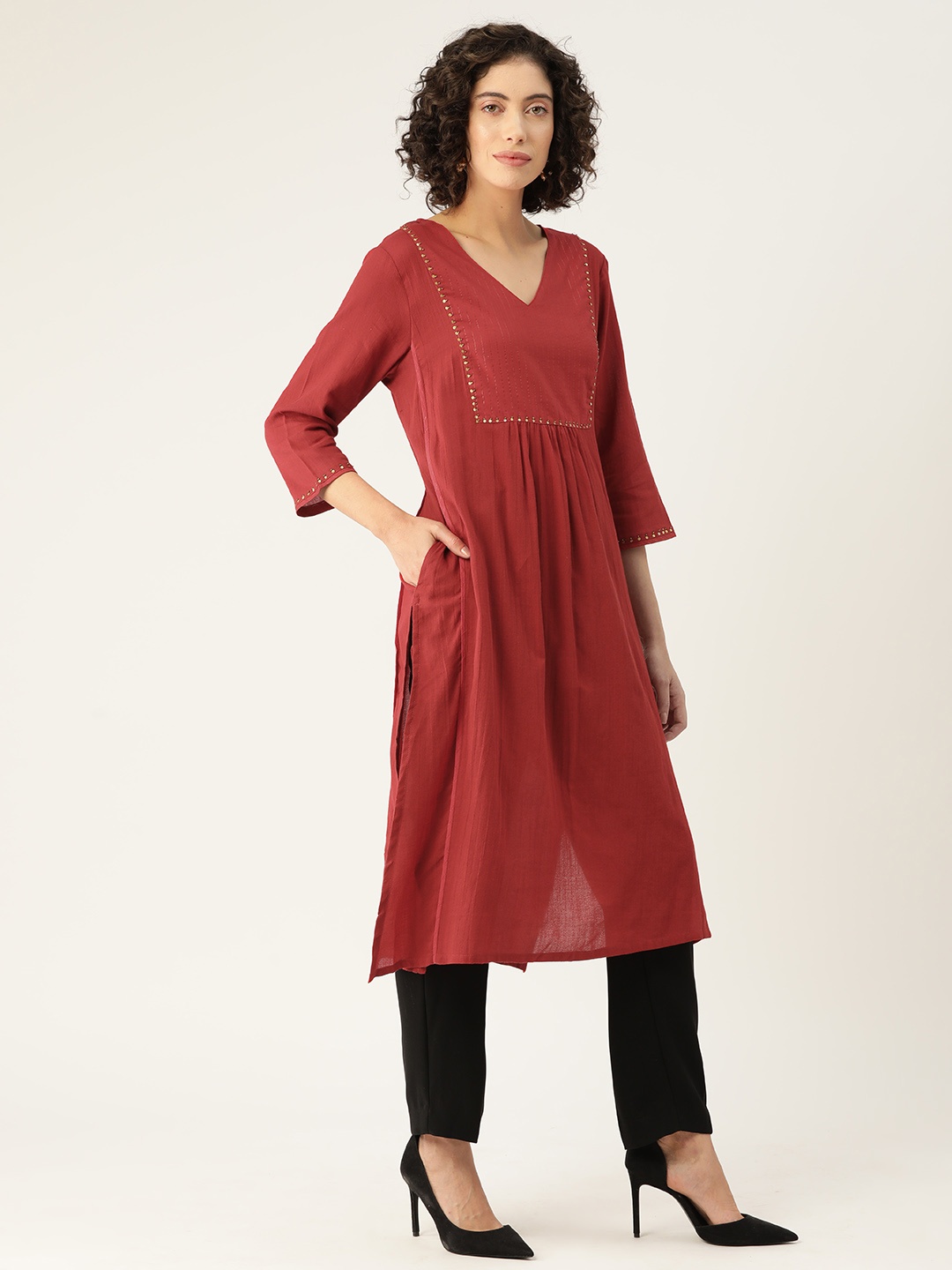 

CRAFTED FOR YOU Maroon Striped V-Neck Sequinned Pure Cotton Sequinned Kurta