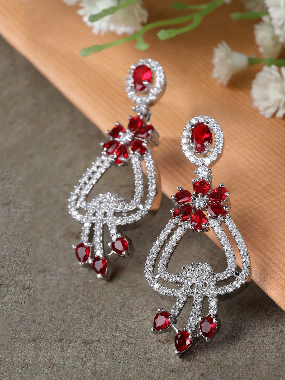 

ZENEME Rhodium-Plated Floral Shaped Drop Earrings, Silver