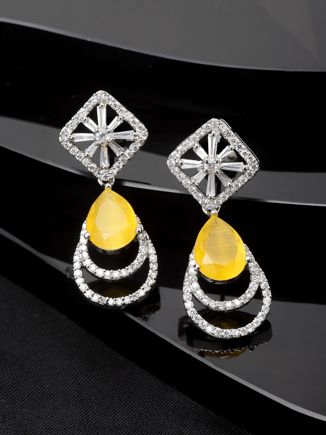 

ZENEME Rhodium-Plated Teardrop Shaped Drop Earrings, Yellow