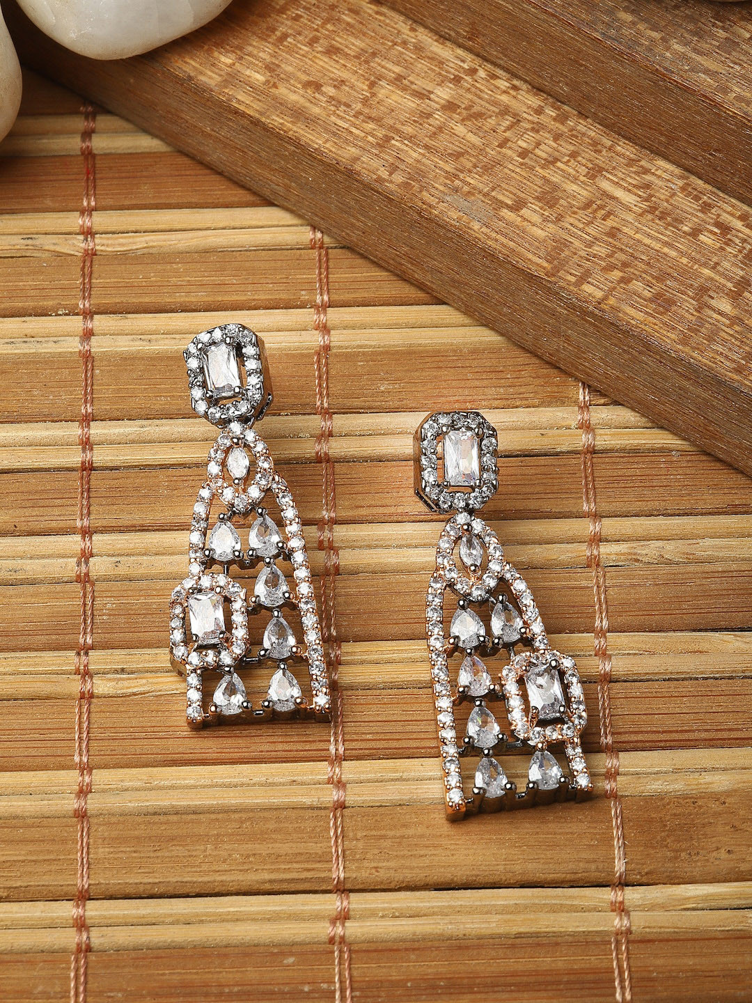 

ZENEME Rose Gold-Plated Contemporary Shaped Drop Earrings, White