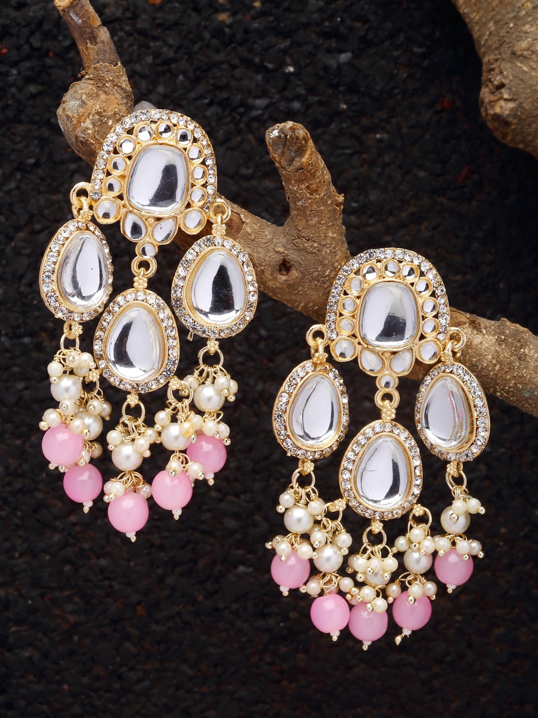 

ZENEME Gold Plated Kundan Stone And Bead Studded Drop Earrings, Pink