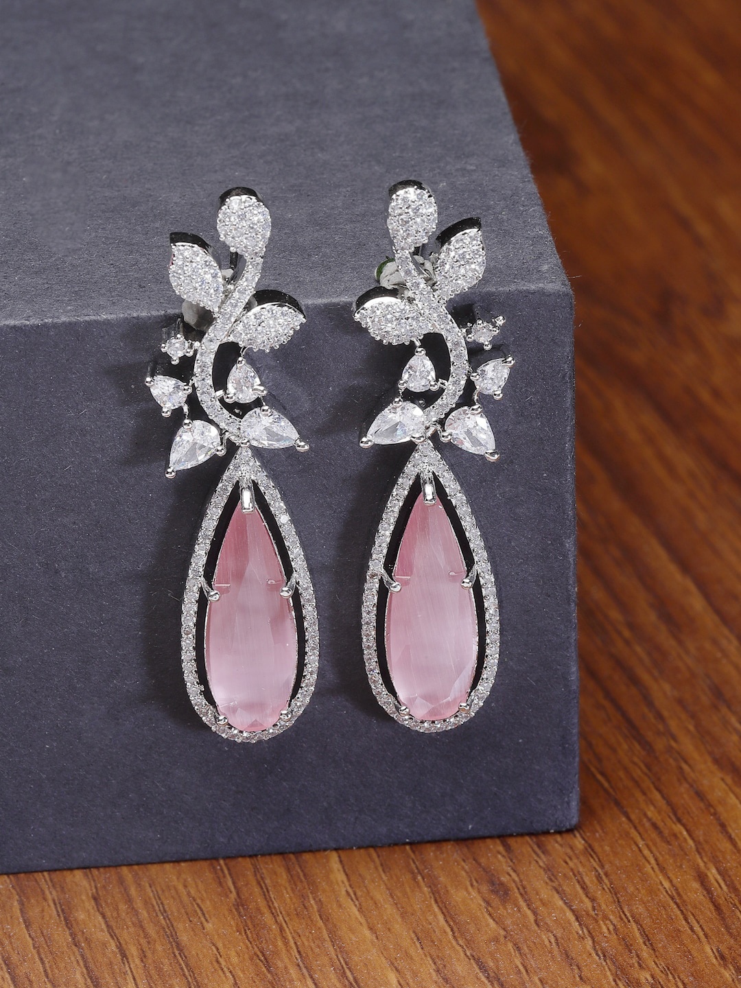 

ZENEME Rhodium-Plated American Diamond Teardrop Shaped Drop Earrings, Pink