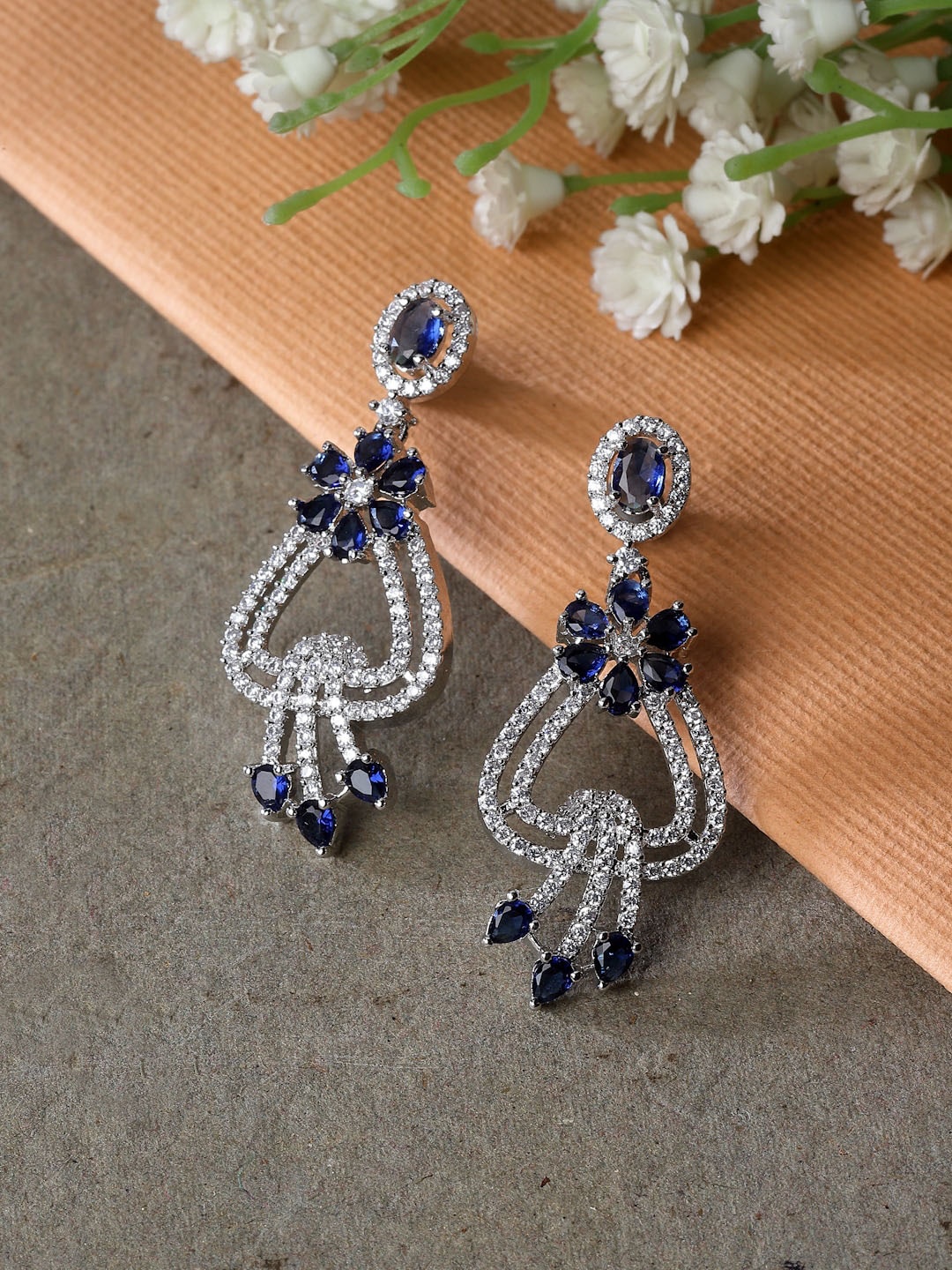 

ZENEME Rhodium-Plated American Diamond Floral Drop Earrings, Navy blue