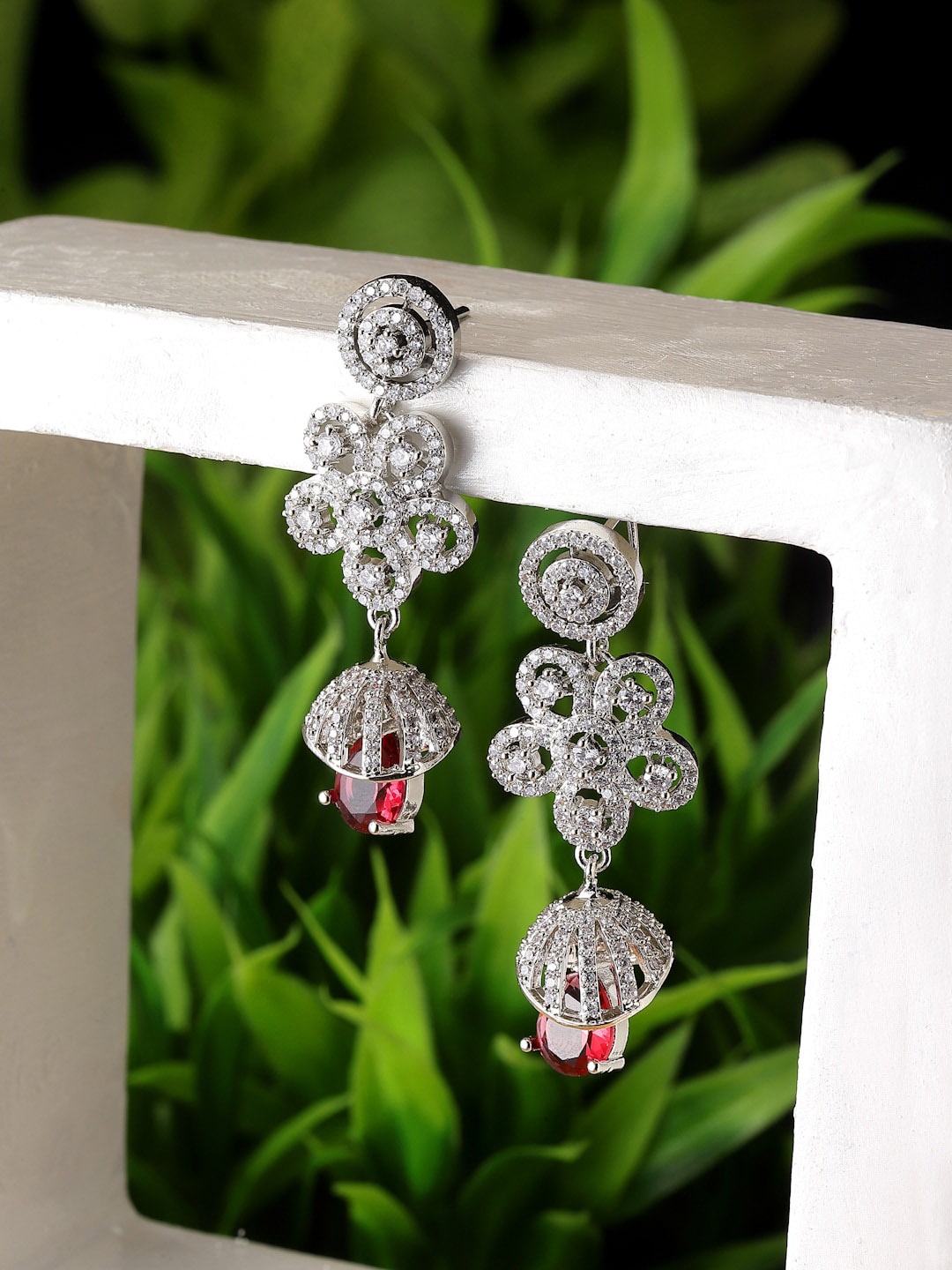 

ZENEME Rhodium-Plated American Diamond Dome Shaped Drop Earrings, Red