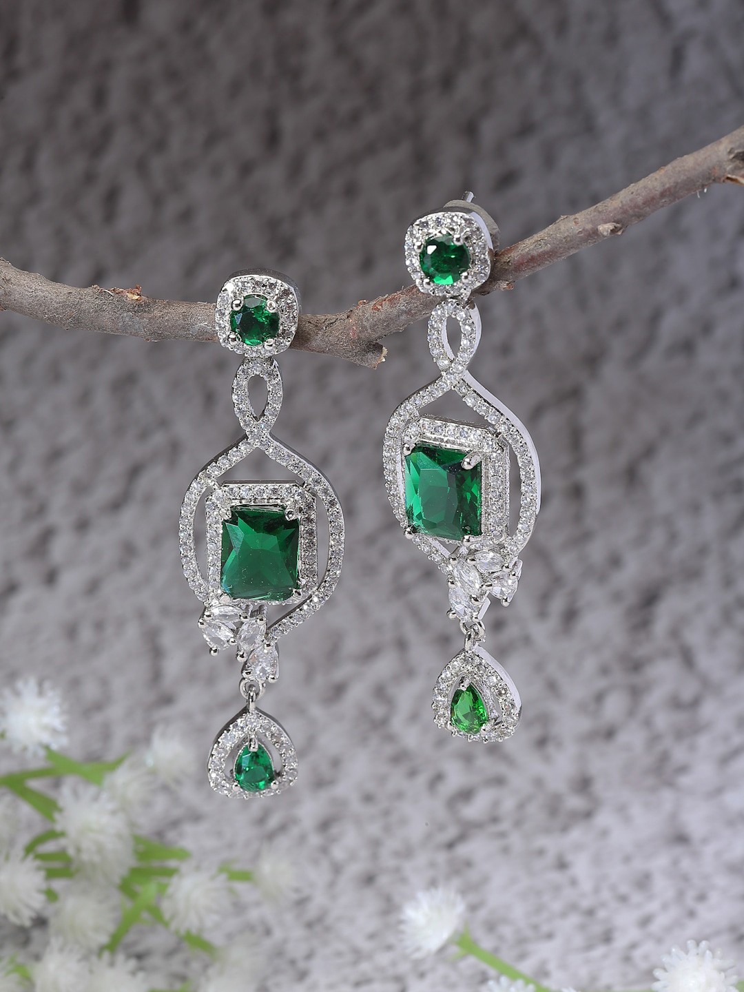 

ZENEME Rhodium-Plated American Diamond Square Drop Earrings, Green