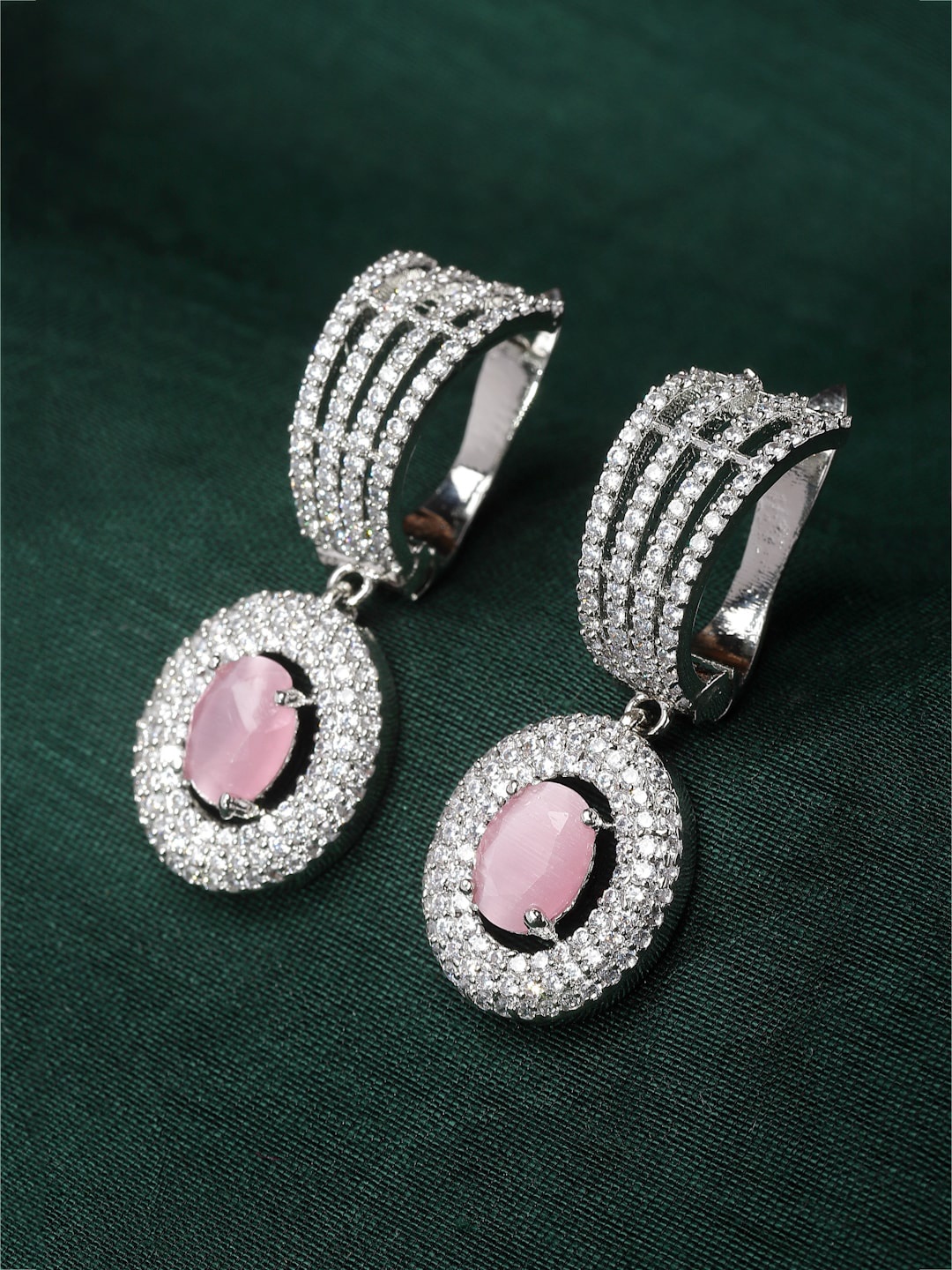 

ZENEME Rhodium-Plated American Diamond Oval Shaped Drop Earrings, Pink