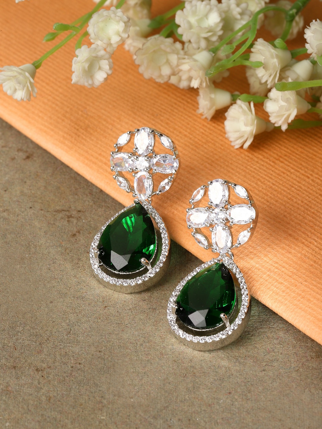 

ZENEME American Diamond studded Teardrop Shaped Drop Earrings, Green