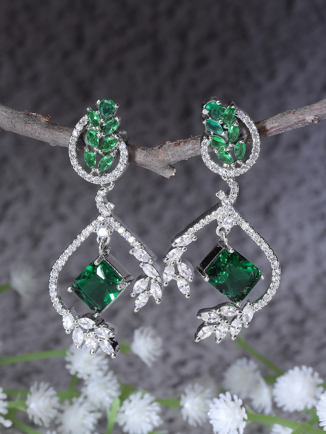 

ZENEME Diamond studded & Leaf Shaped Drop Earrings, Green