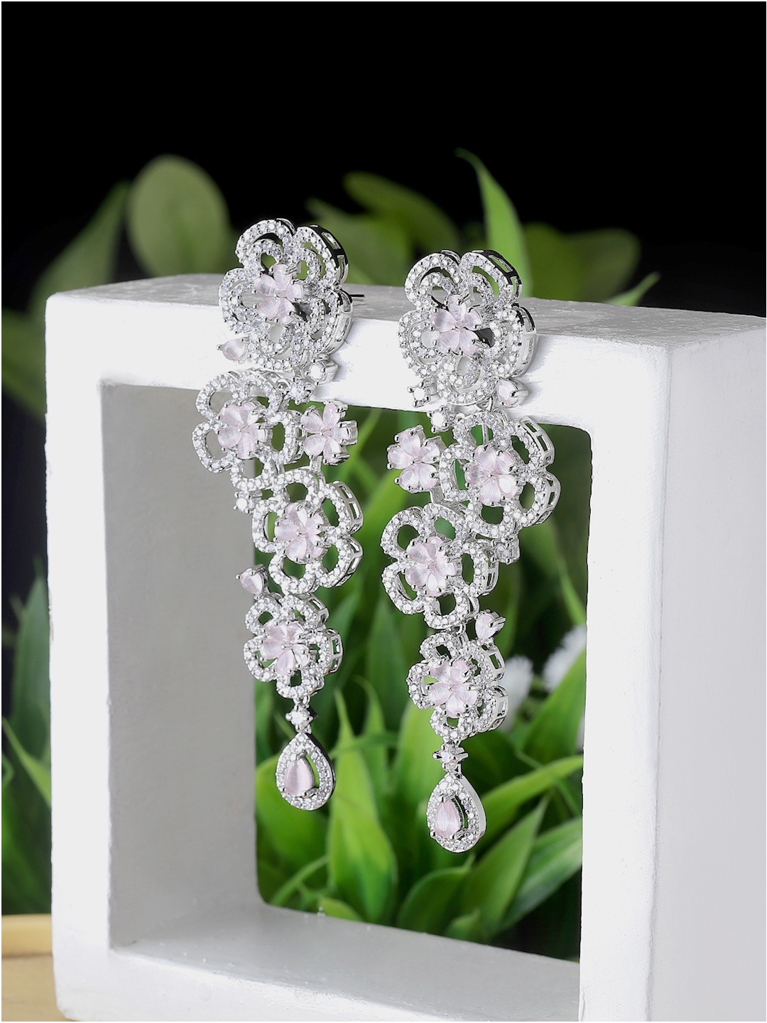 

ZENEME Rhodium-Plated American Diamond studded Floral Drop Earrings, Silver