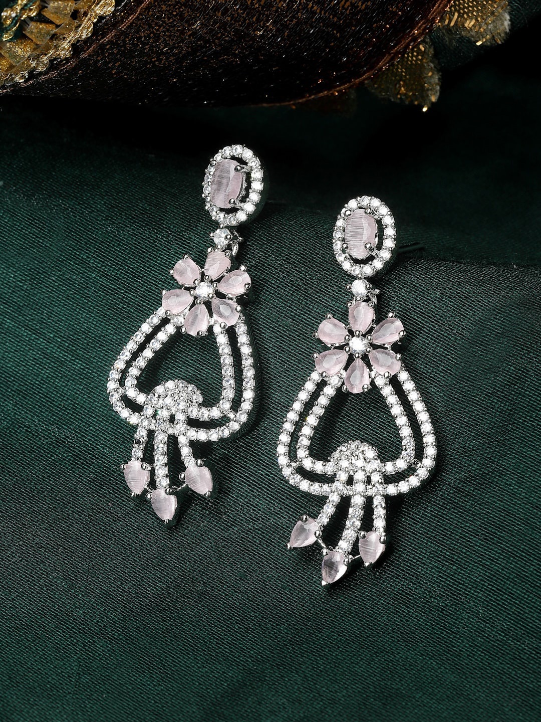 

ZENEME American Diamond Rhodium-Plated Floral Shaped Drop Earrings, Pink