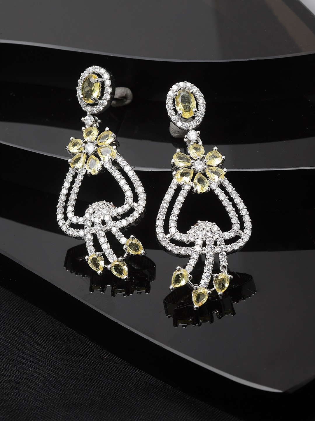 

ZENEME Rhodium Plated Floral American Diamond Studded Drop Earrings, Yellow