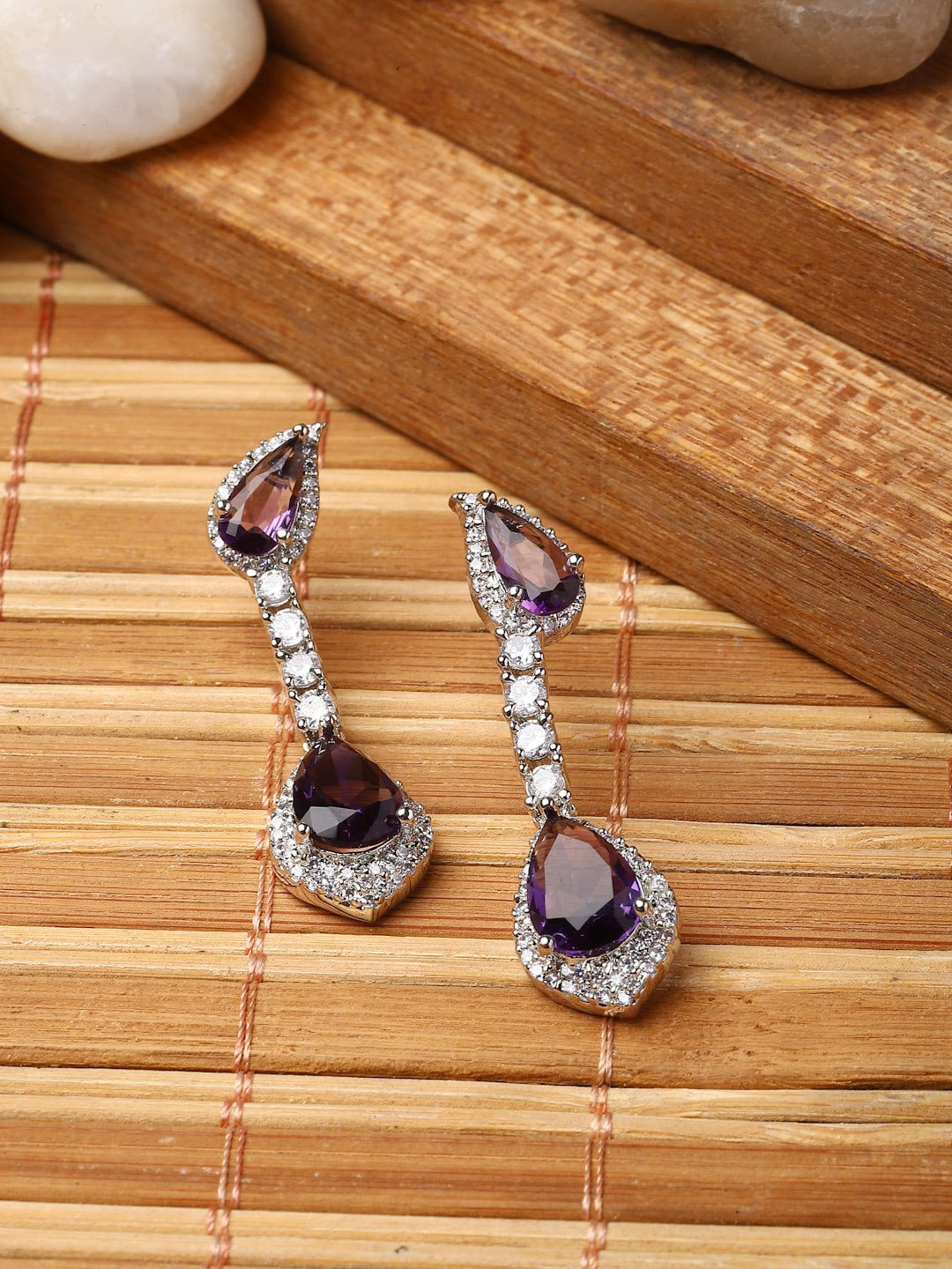 

ZENEME Rhodium Plated Teardrop Shaped American Diamond Studded Drop Earrings, Purple