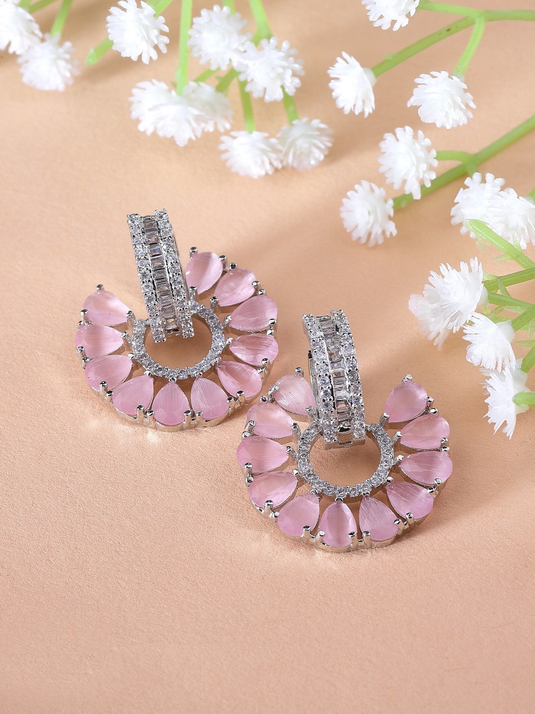 

ZENEME Rhodium-Plated Floral Studs Earrings, Silver