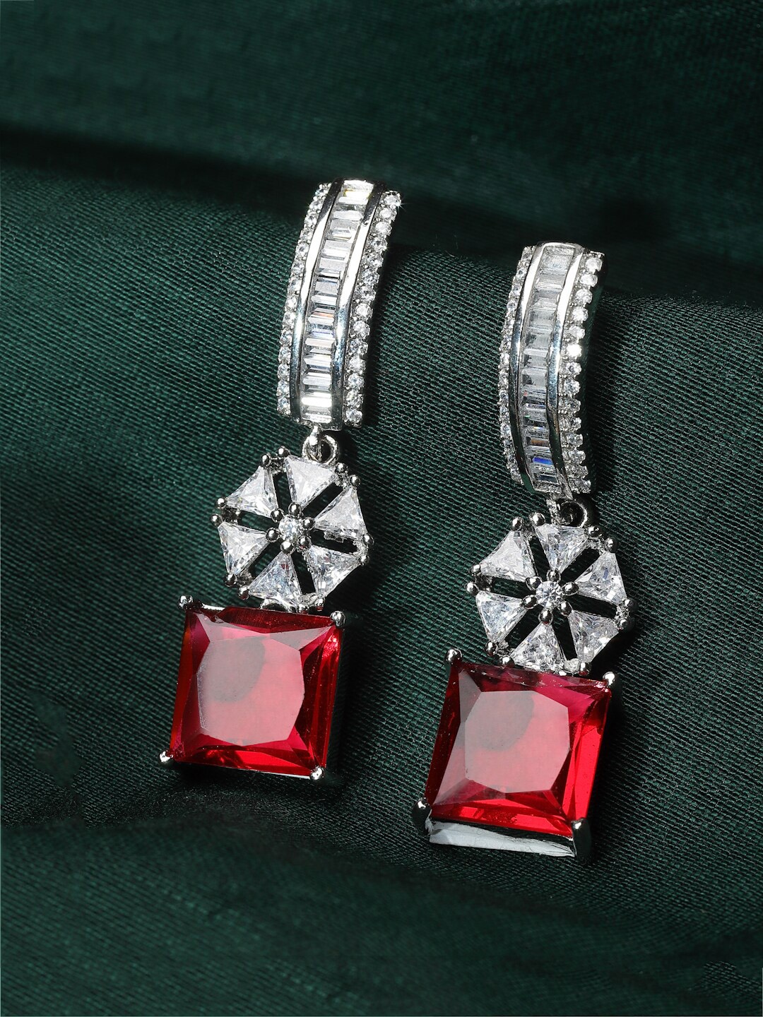 

ZENEME Rhodium-Plated Red Square Drop Earrings