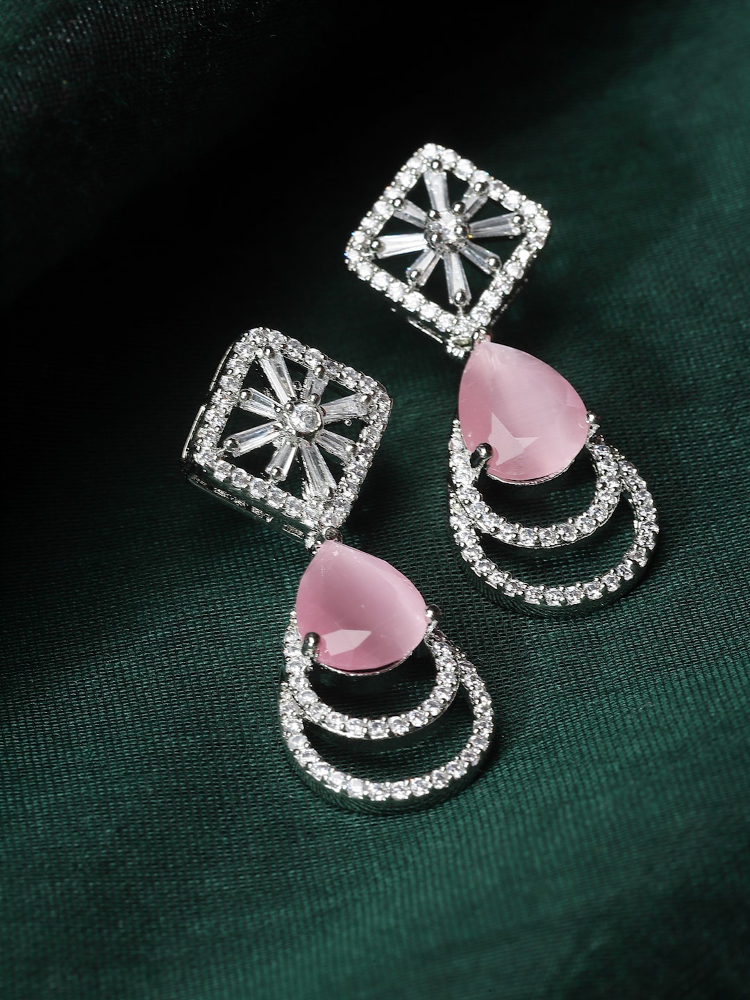 

ZENEME Rhodium-Plated Red Square Drop Earrings, Pink