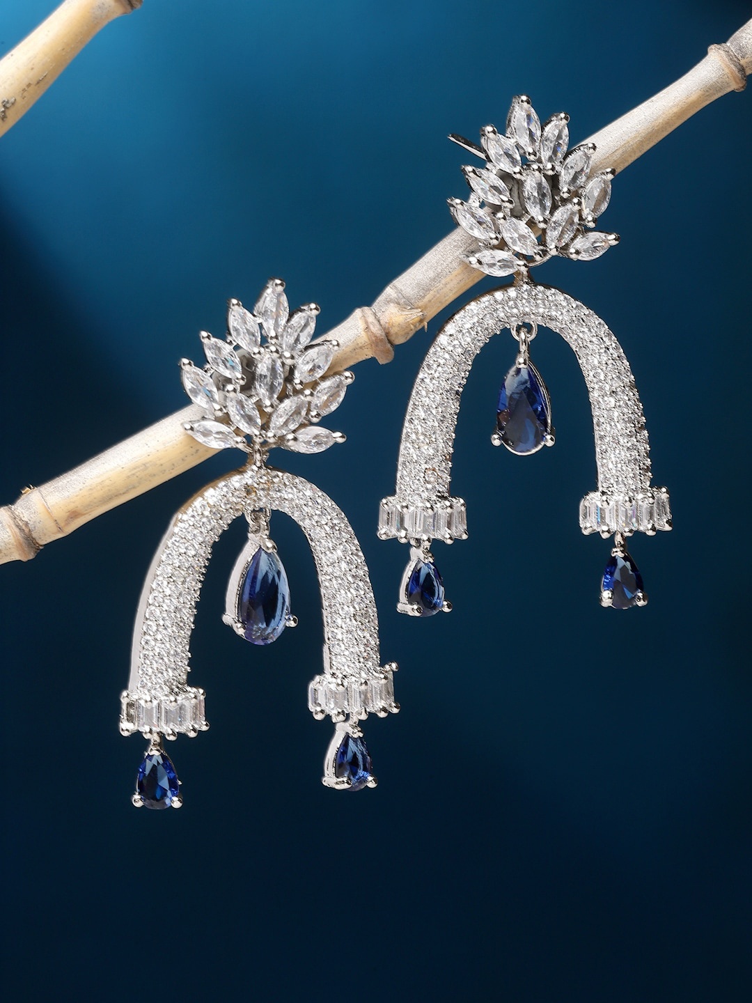 

ZENEME American Diamond studded Quirky Drop Earrings, Navy blue