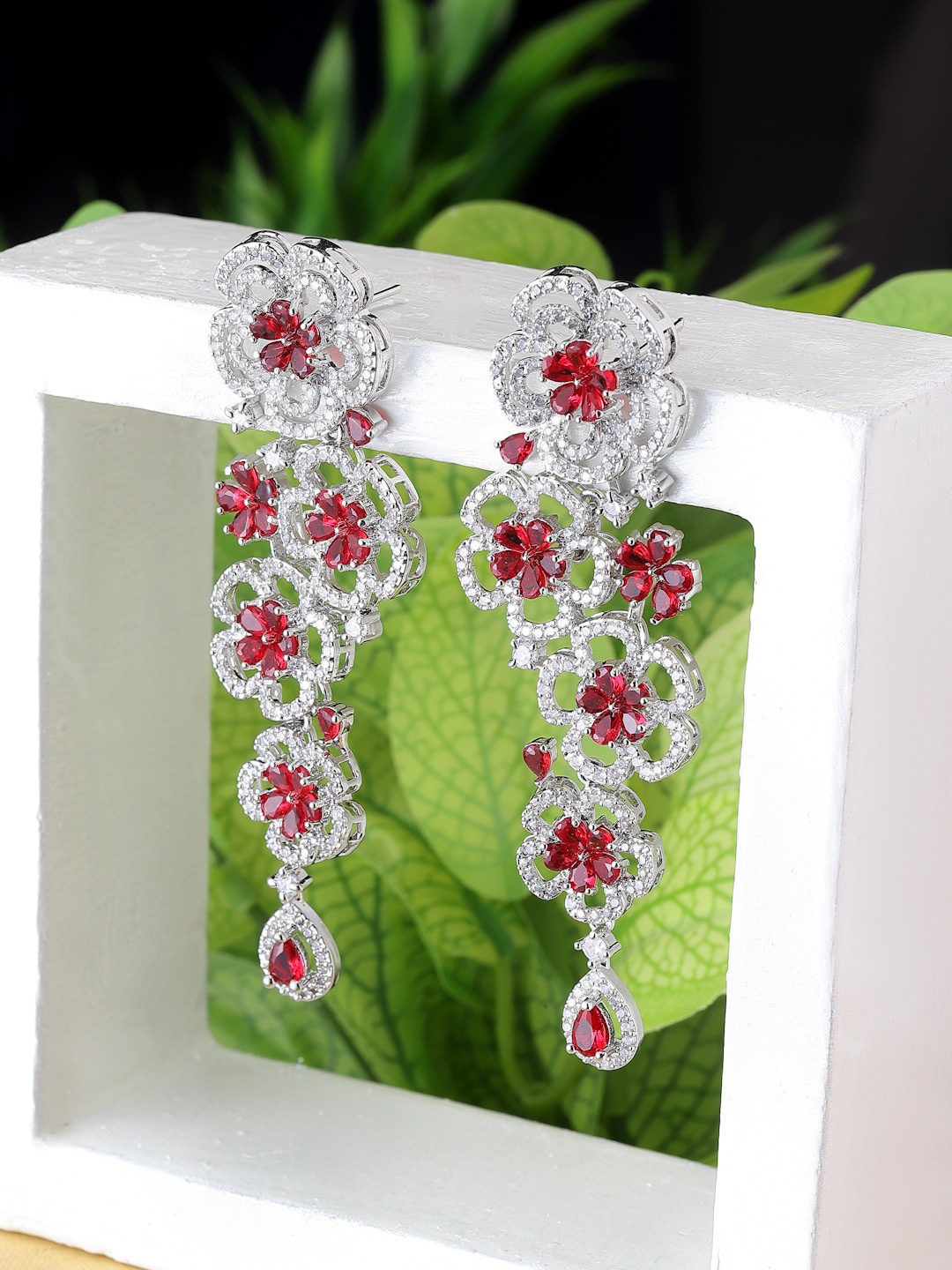 

ZENEME Floral American Diamond studded Drop Earrings, Red