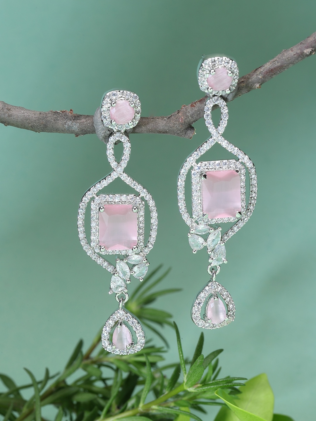 

ZENEME American Diamond studded Square Drop Earrings, Pink