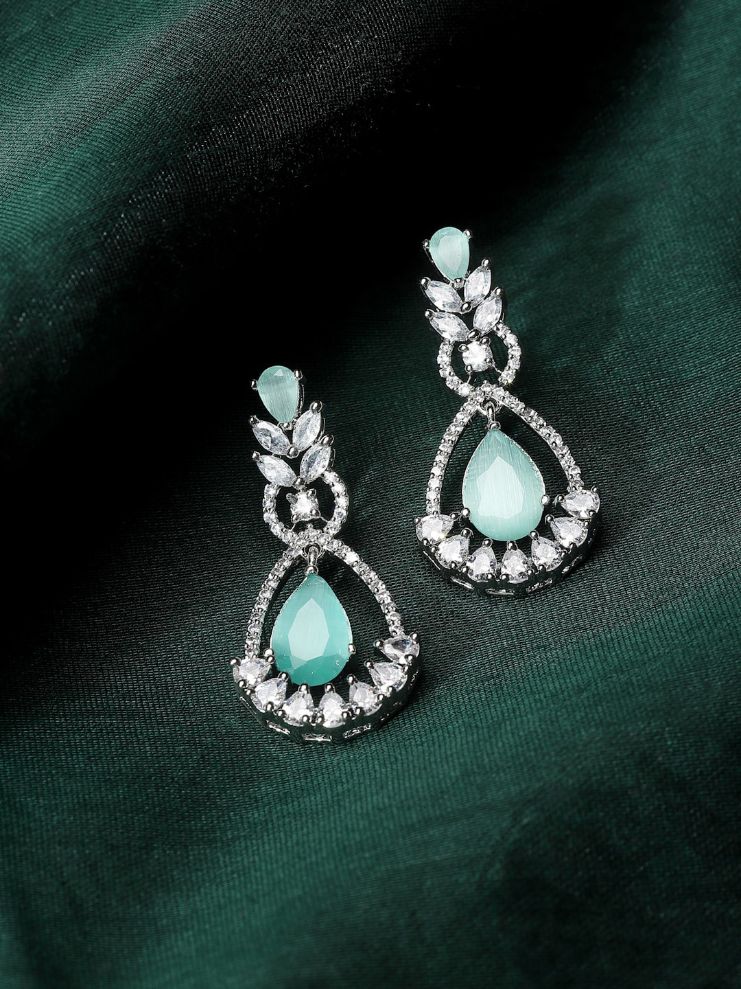 

ZENEME American Diamond studded Teardrop Shaped Drop Earrings, Sea green