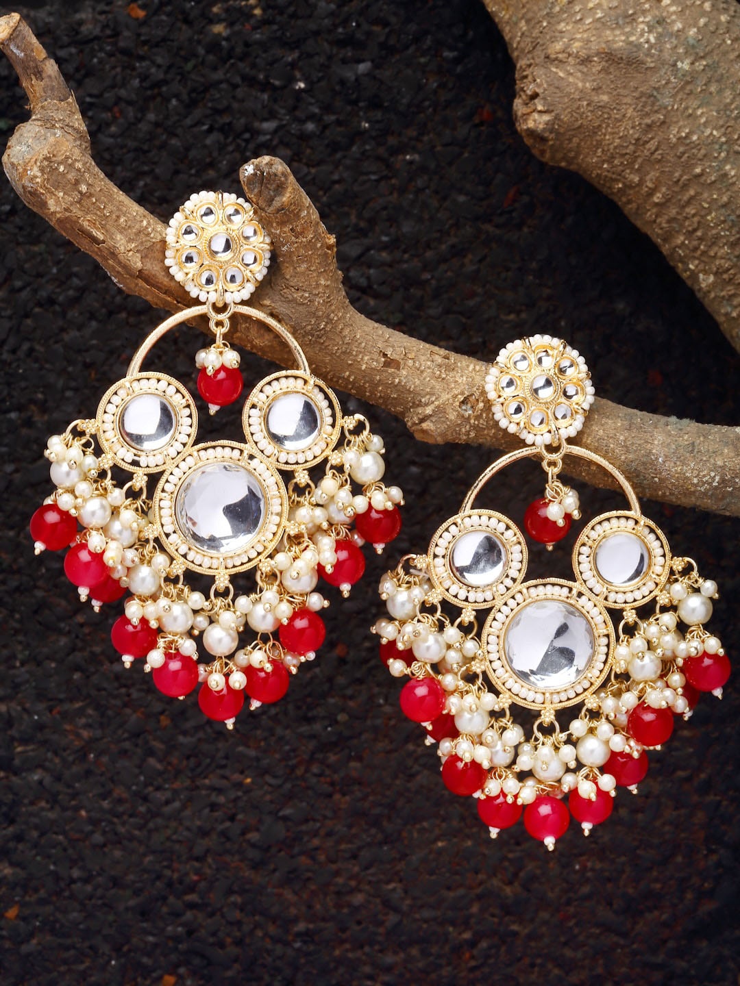 

ZENEME Floral Kundan Drop Earrings, Red