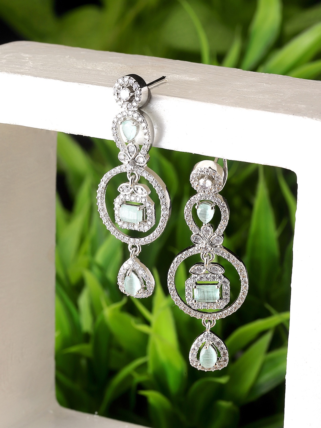 

ZENEME American Diamond studded Circular Drop Earrings, Sea green