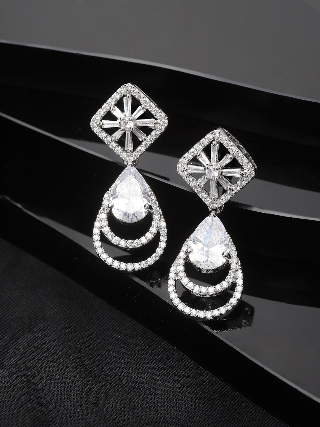 

ZENEME Rhodium-Plated American Diamond Studded Drop Earrings, Silver