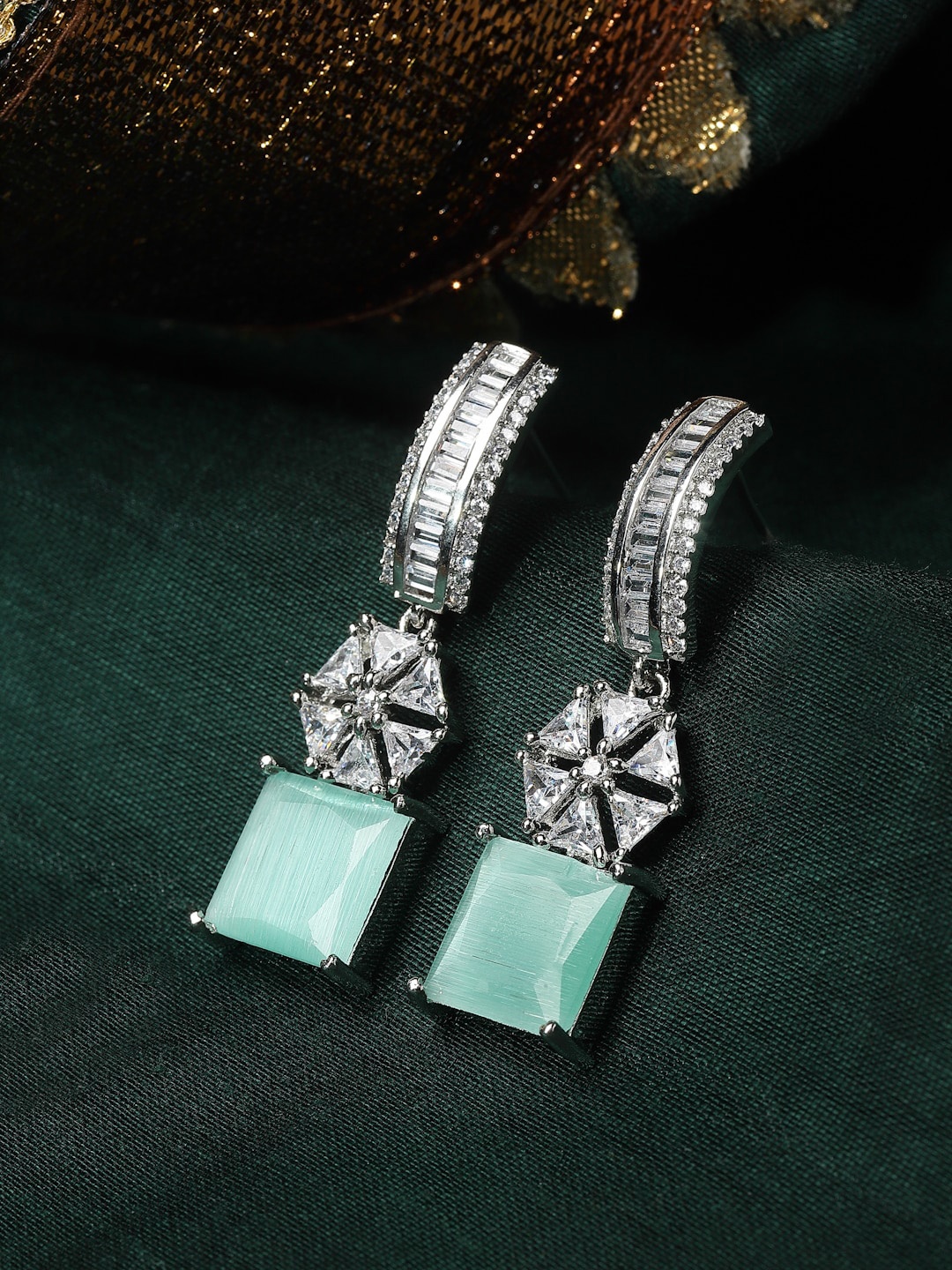 

ZENEME Rhodium-Plated American Diamond Studded Drop Earrings, Silver