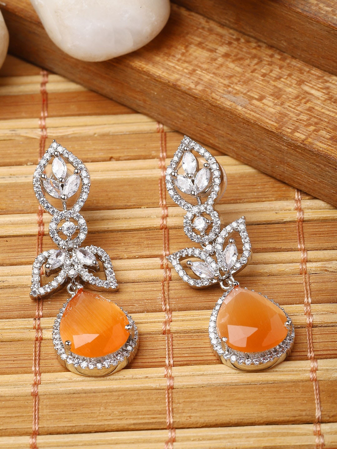 

ZENEME Rhodium-Plated American Diamond Studded Drop Earrings, Silver