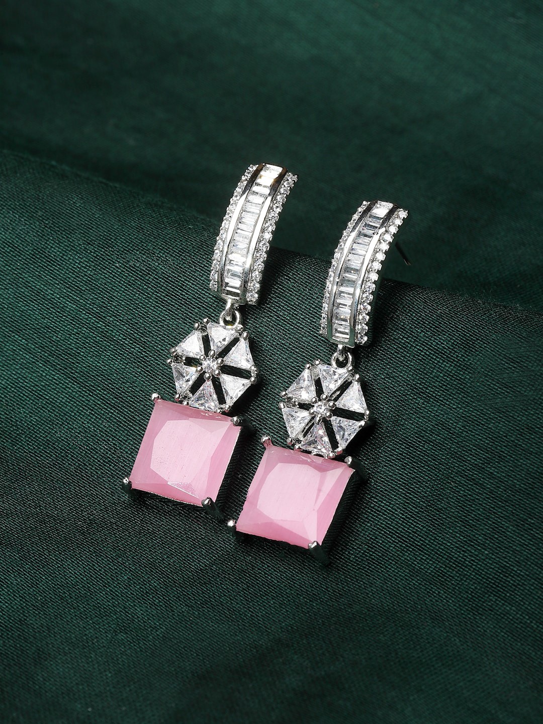 

ZENEME Rhodium-Plated American Diamond Studded Drop Earrings, Silver