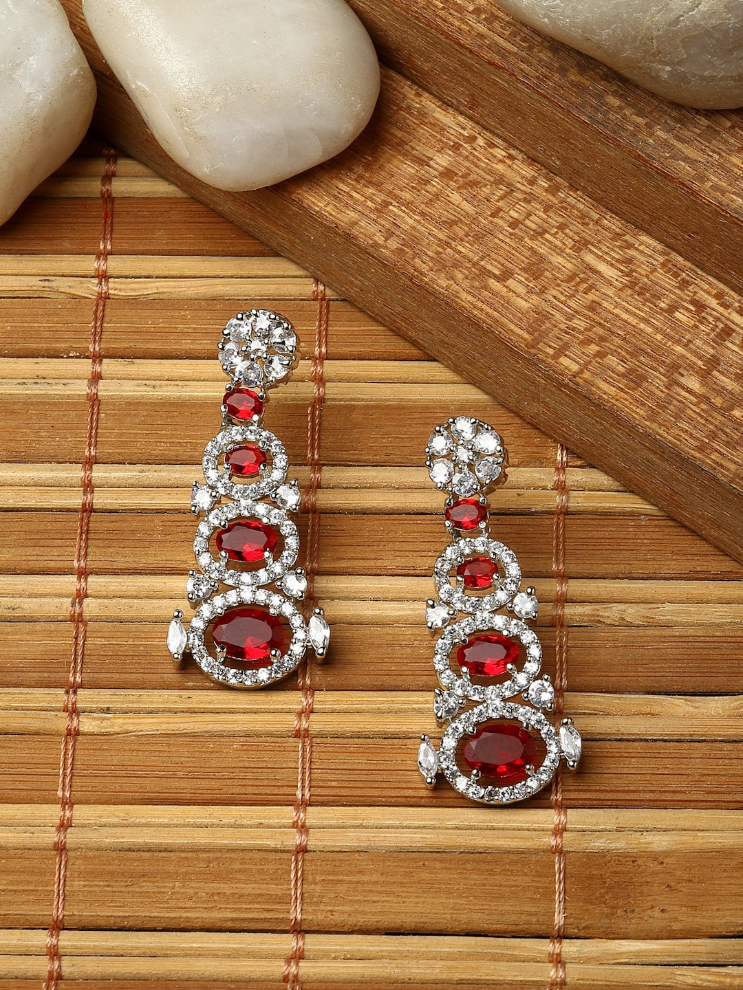 

ZENEME Rhodium-Plated American Diamond Studded Drop Earrings, Silver