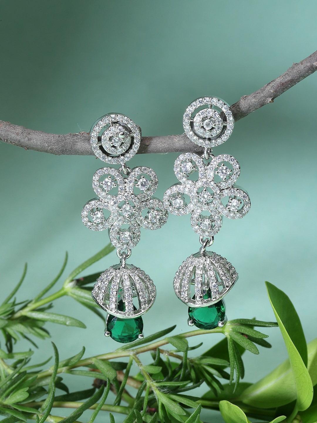 

ZENEME Rhodium-Plated AD Studded Dome Shaped Jhumkas, Green