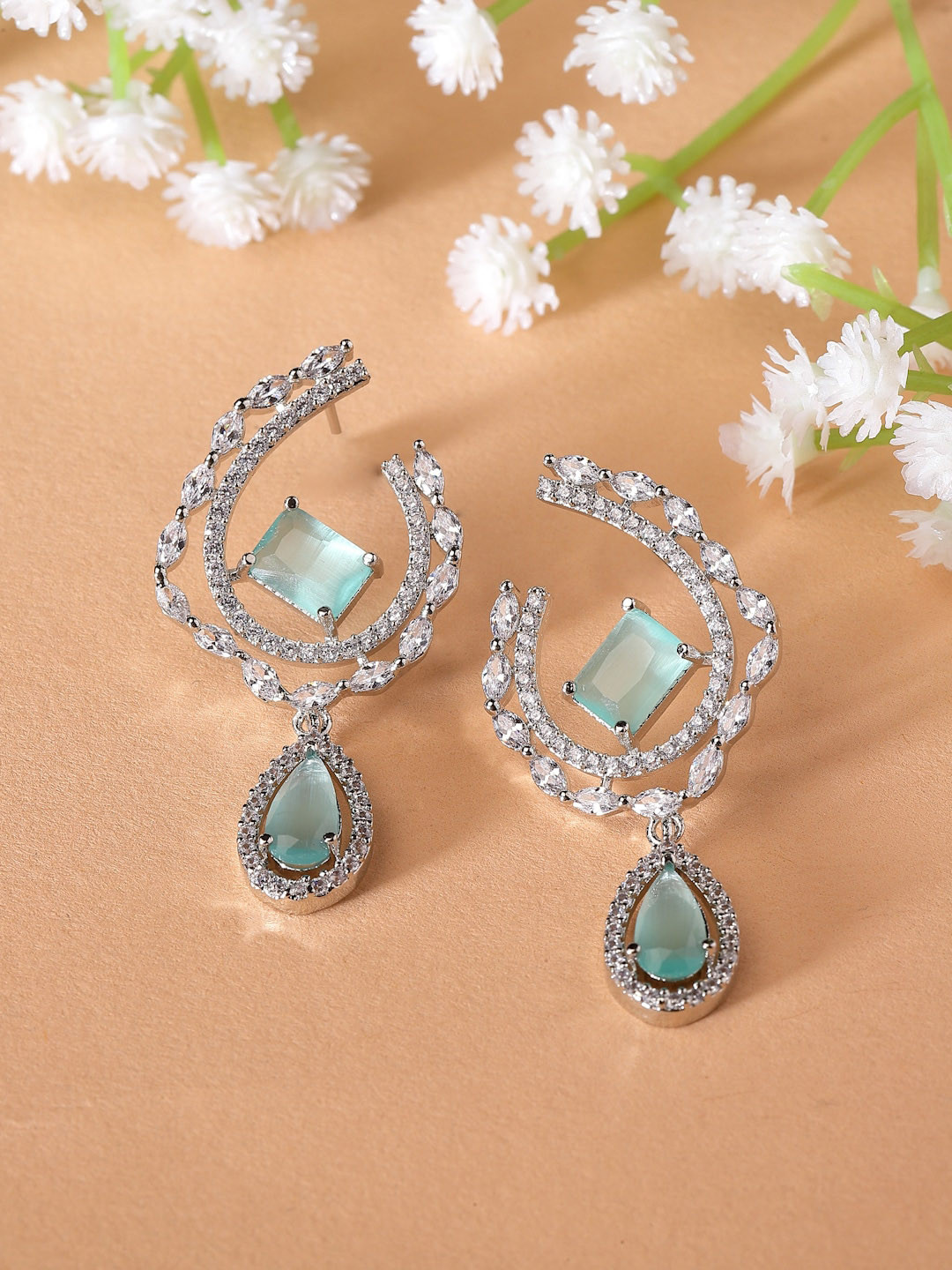 

ZENEME Rhodium-Plated AD Studded Drop Earrings, Silver