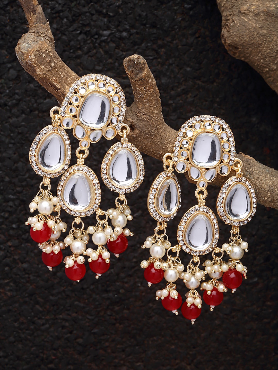 

ZENEME Gold-Plated Kundan Studded Drop Earrings, Silver