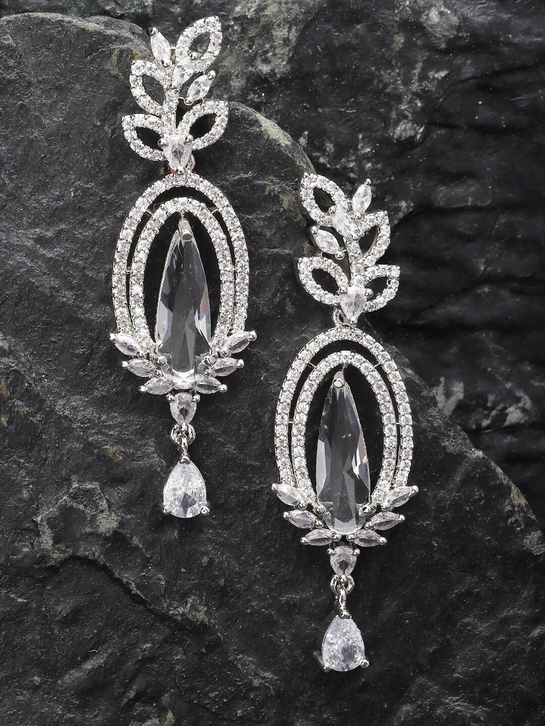 

ZENEME Rhodium-Plated AD Studded Drop Earrings, Silver