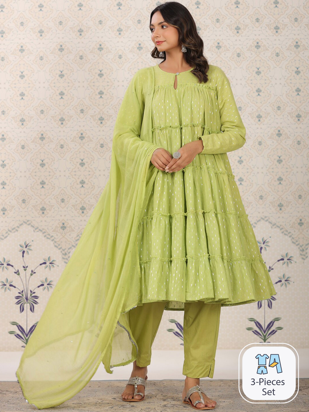 

Ode by House of Pataudi Woven Design Tiered Pure Cotton Kurta With Trousers & Dupatta, Green