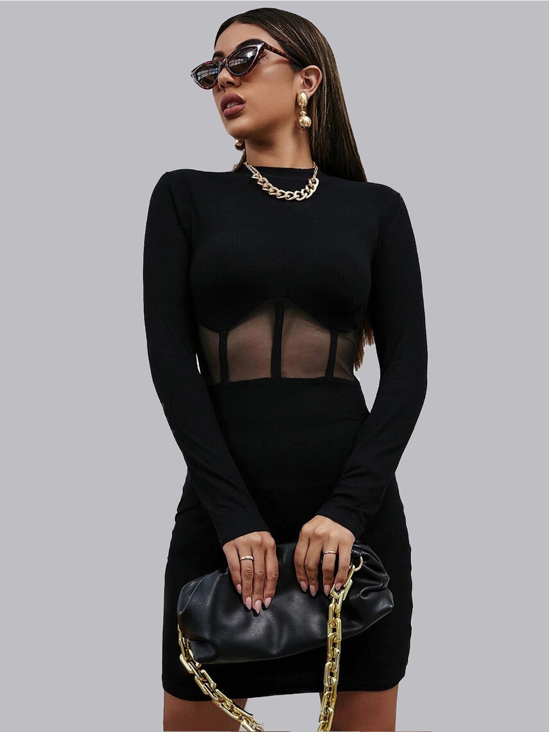 

ELYRAA Round Neck Long Sleeve Bodycon Dress, Black