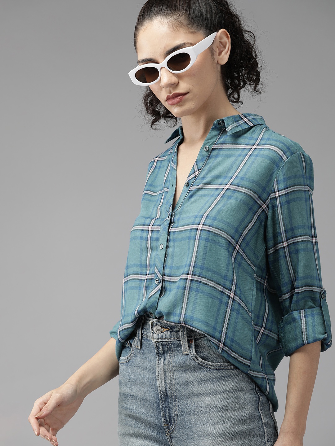 

Roadster Tartan Checked Casual Shirt, Teal