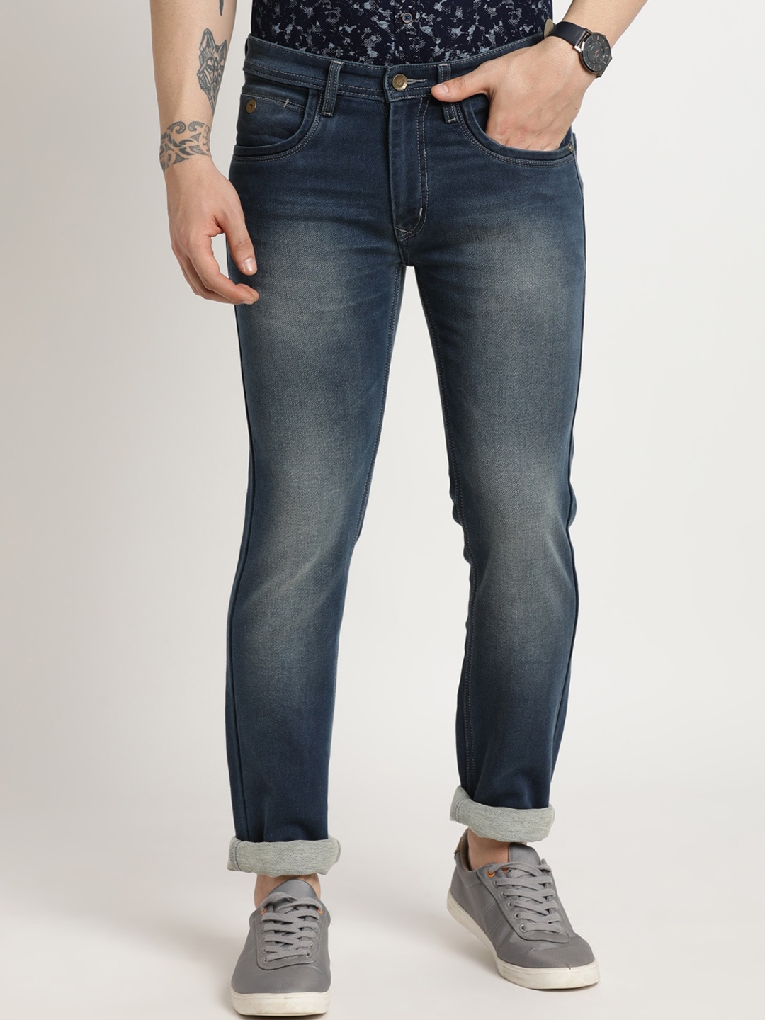 

Turtle Men Narrow Tapered Fit Heavy Fade Stretchable Jeans, Navy blue