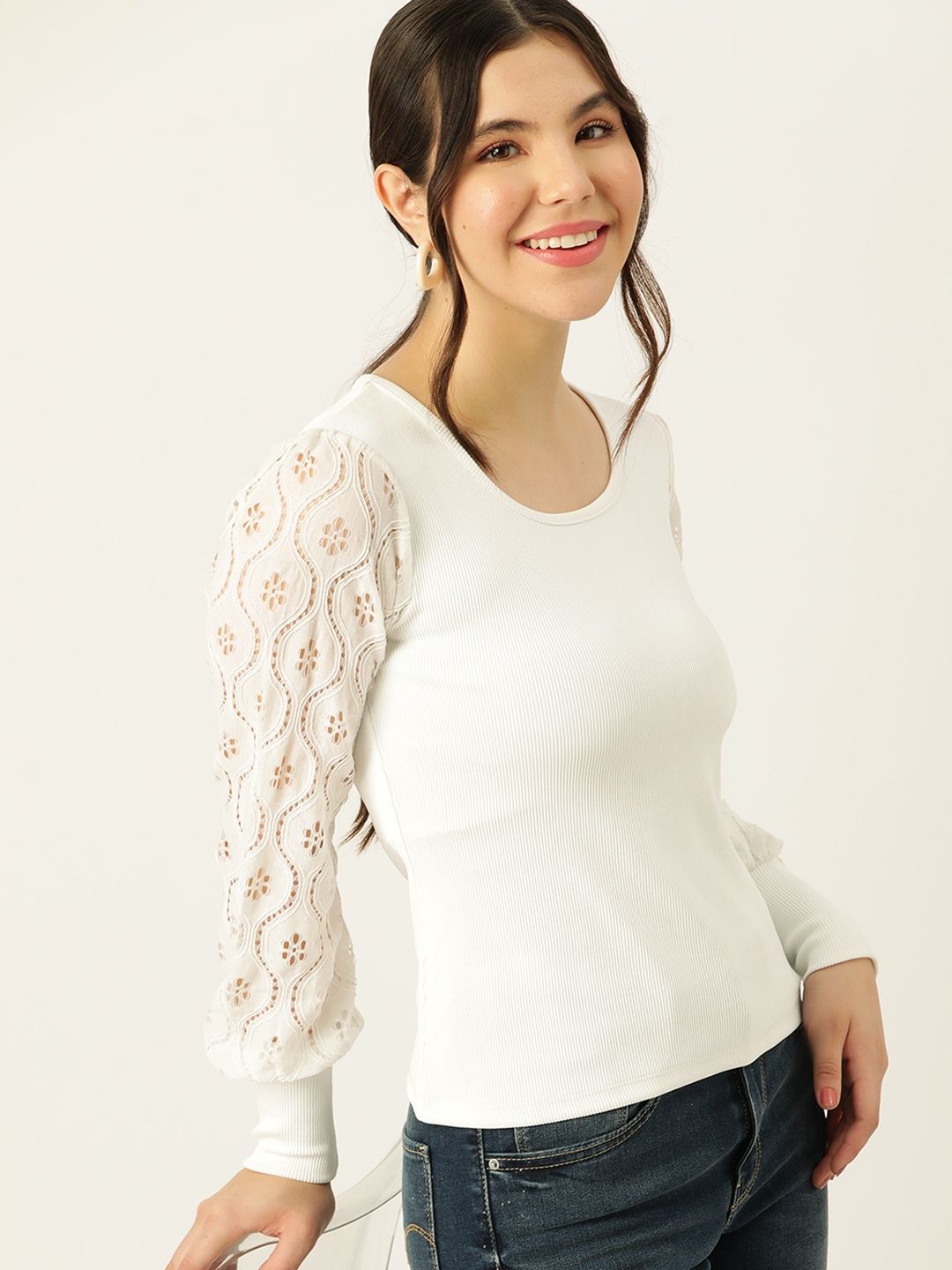

DressBerry Solid Schiffli Regular Top, White