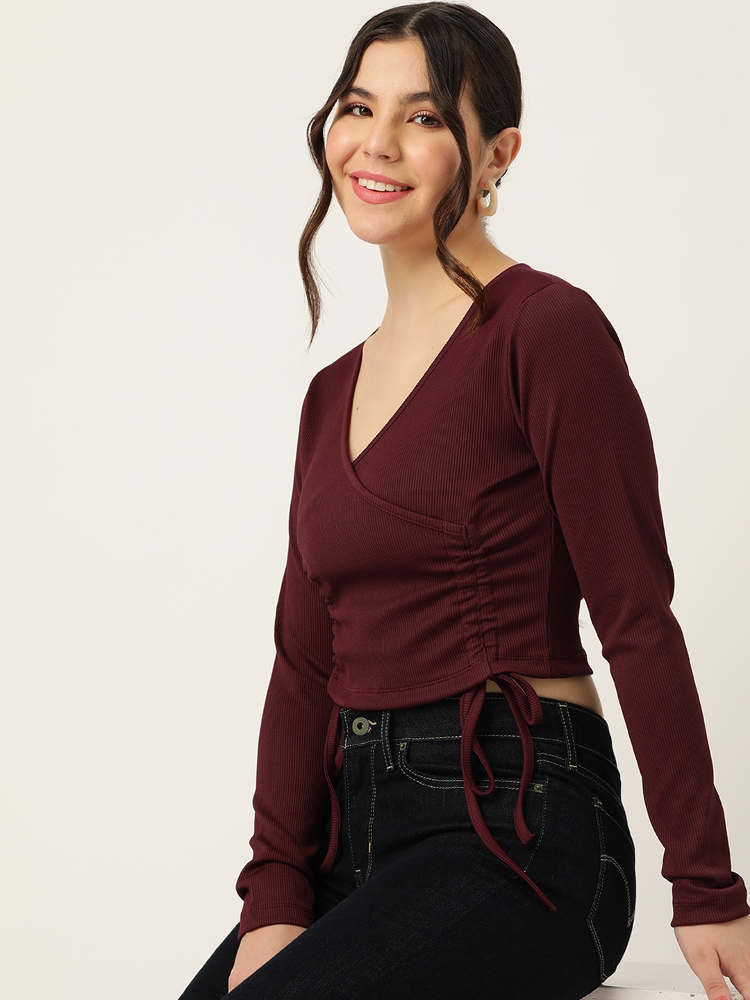 

DressBerry Solid Tie-Ups Fitted Crop Top, Burgundy