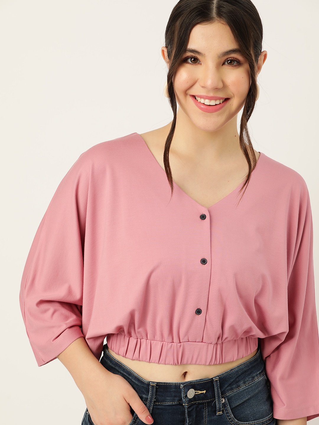 

DressBerry Solid Kimono Sleeve Blouson Crop Top, Pink