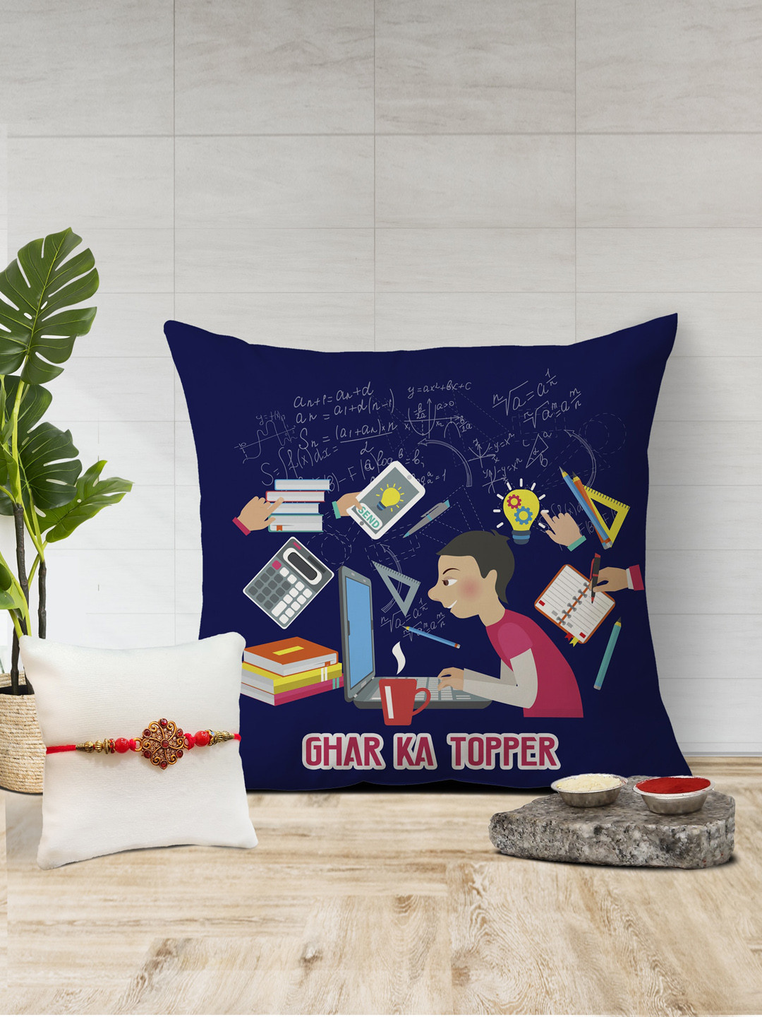 

The Purple Tree Red Rakhi With Printed Cushion & Roli Chawal