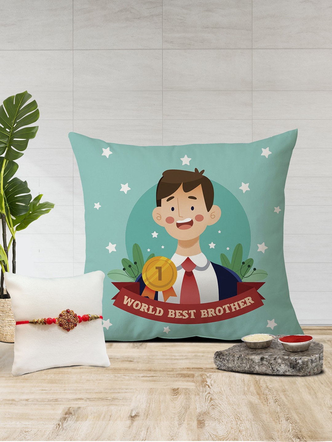 

The Purple Tree Stone Studded Rakhi & Printed Cushion Gift Set, Sea green