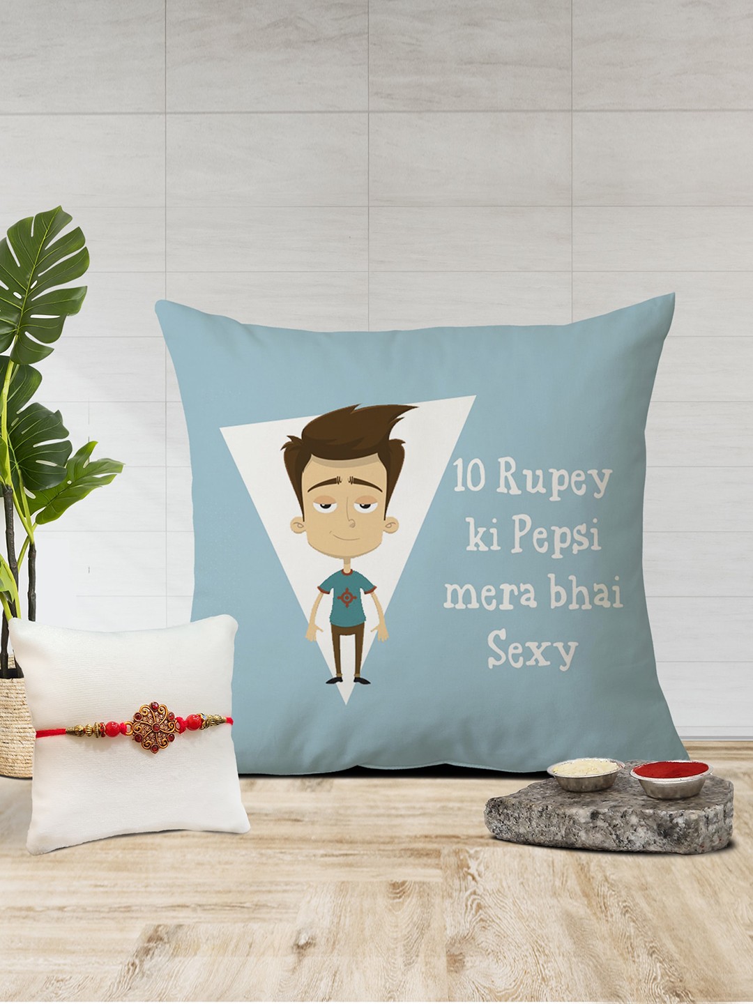 

The Purple Tree Stone Studded Rakhi & Printed Cushion Gift Set, Blue