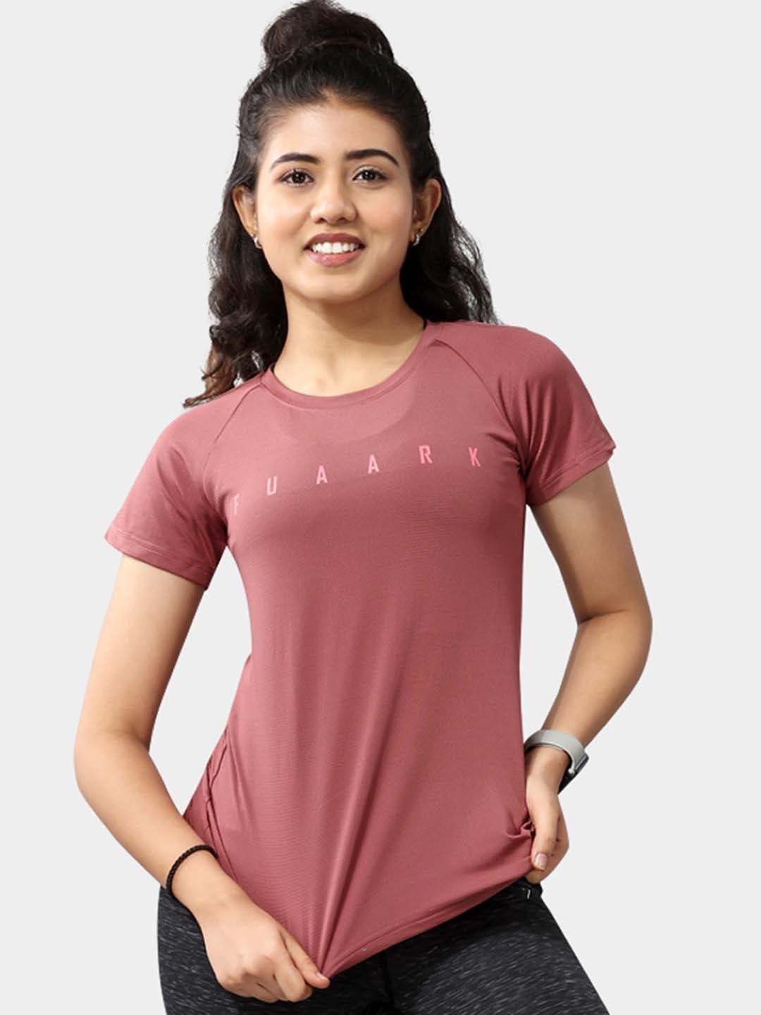 

FUAARK Typography Printed Raglan Sleeve Training or Gym Moisture Wicking Slim Fit T-shirt, Rose