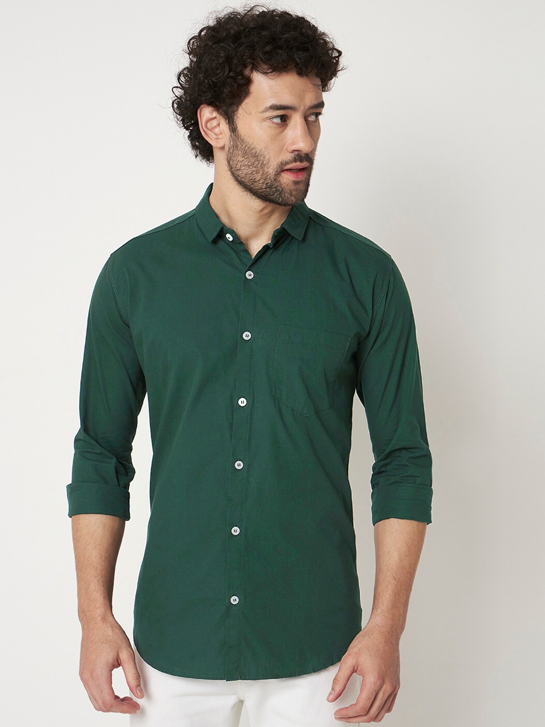 

RAGZO Slim-Fit Spread Collar Long Sleeve Pure Cotton Casual Shirt, Green