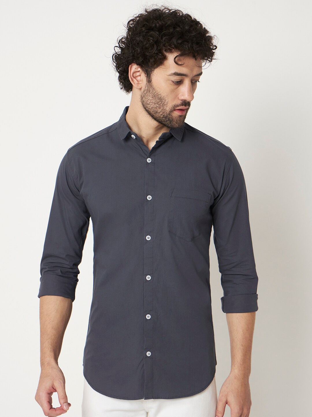 

RAGZO Slim-Fit Spread Collar Long Sleeve Pure Cotton Casual Shirt, Grey