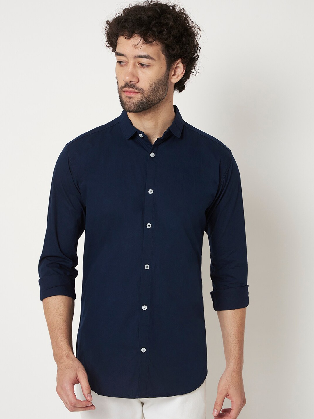 

RAGZO Slim-Fit Spread Collar Long Sleeve Pure Cotton Casual Shirt, Navy blue