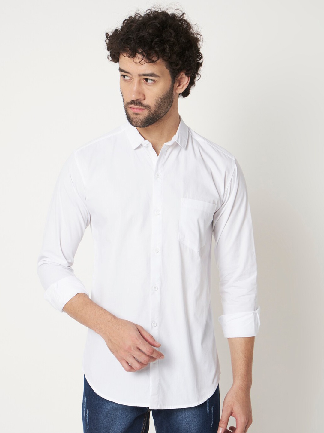 

RAGZO Slim-Fit Spread Collar Long Sleeve Pure Cotton Casual Shirt, White