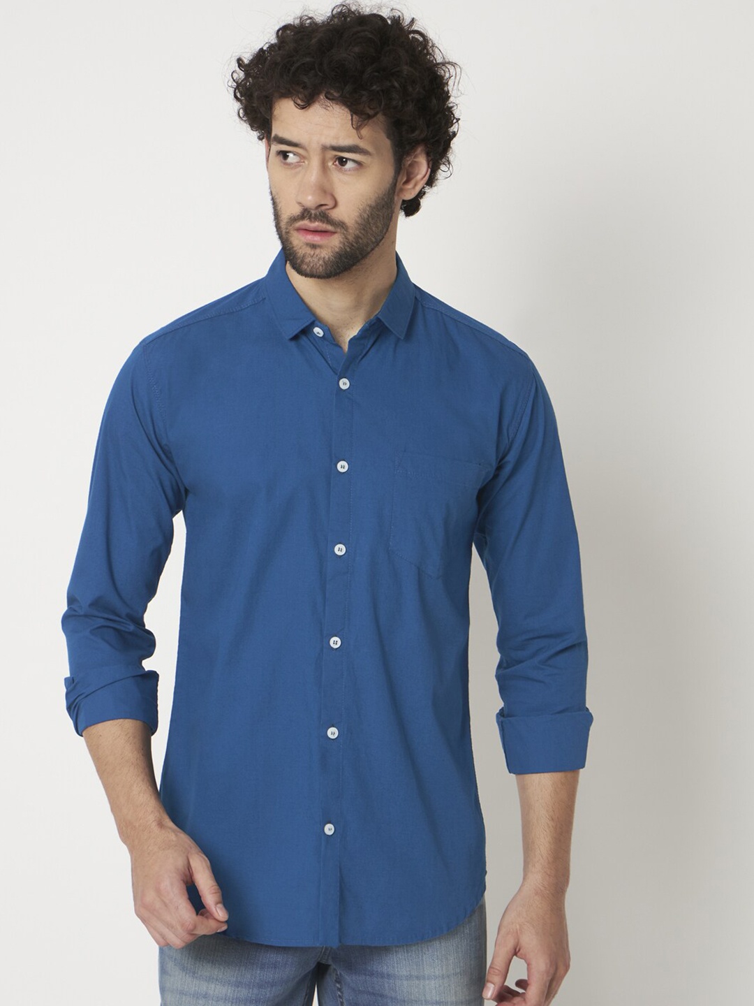 

RAGZO Slim-Fit Spread Collar Long Sleeve Pure Cotton Casual Shirt, Blue